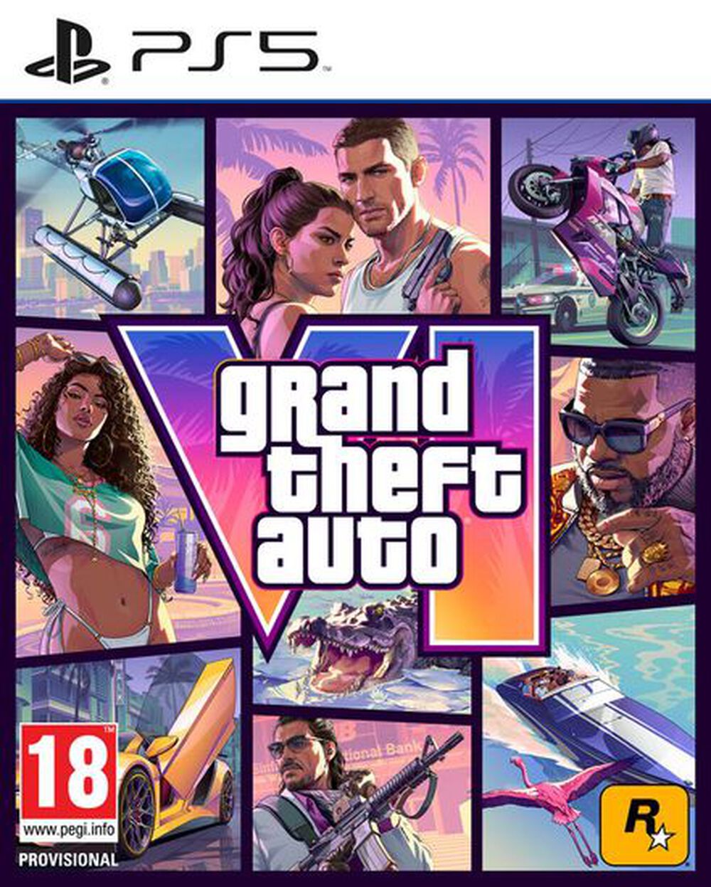 Boîtier du jeu vidéo Grand Theft Auto VI (GTA VI). Illustration de la boîte du jeu video GTA 6 avec son logo central, Lucia et Jason, un hélicoptère, un hors-bord et plusieurs personnages.