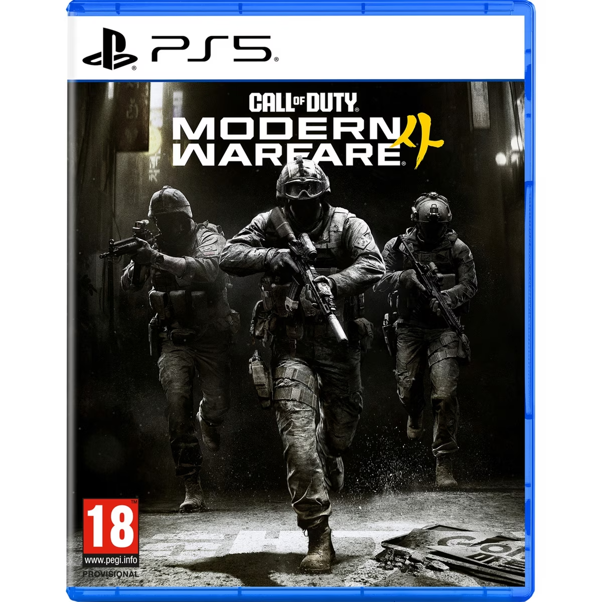 Boîte PS5 de Call of Duty Modern Warfare 4 montrant trois soldats armés