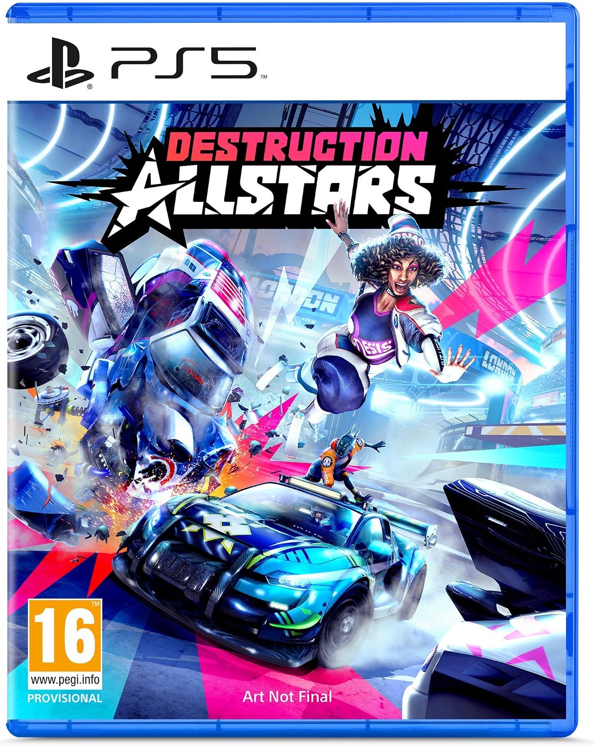 Jaquette de Destruction AllStars sur PS5 avec des voitures futuristes en pleine collision