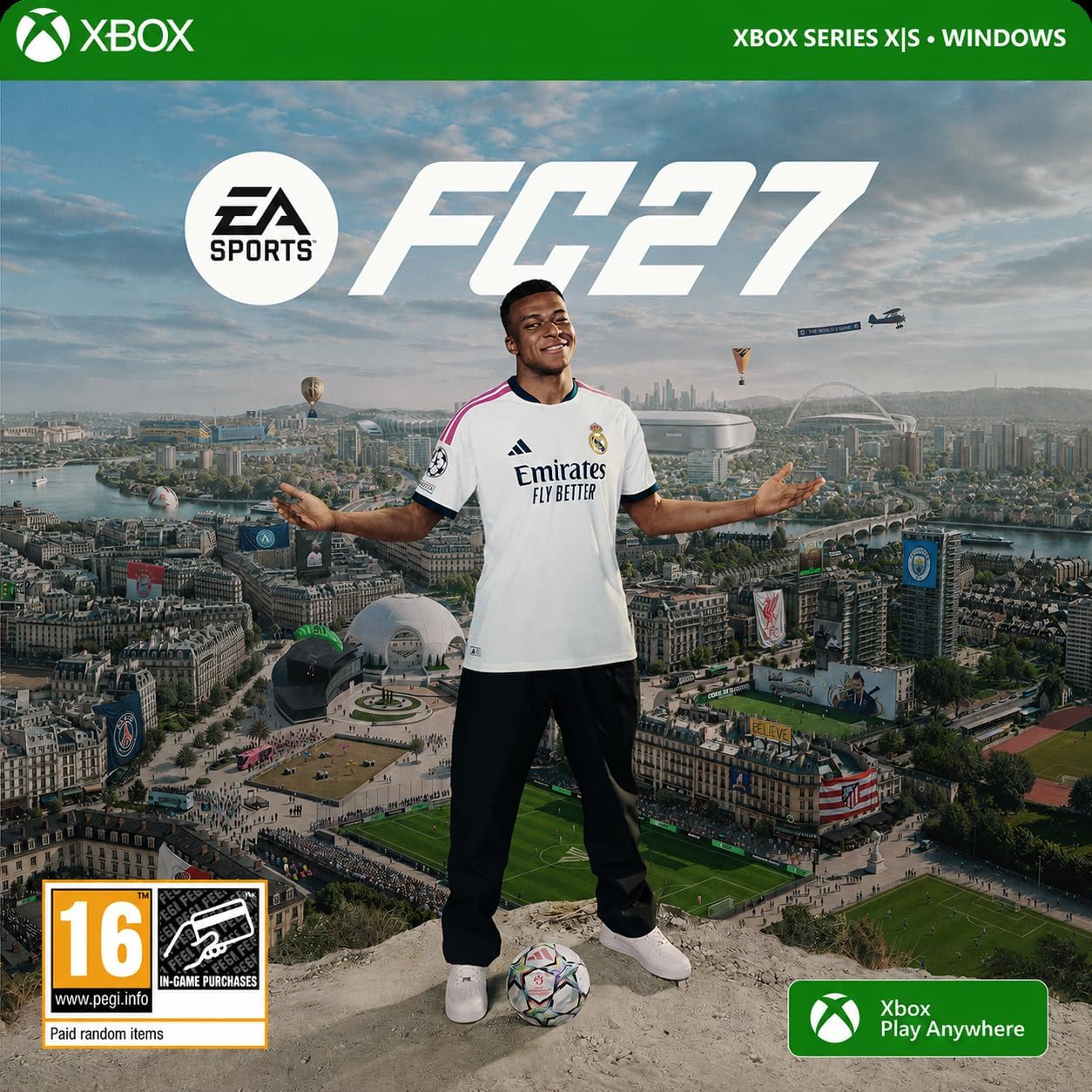 Visuel EA Sports FC 27 avec un footballeur en maillot blanc, le bandeau Xbox et le logo Xbox Play Anywhere