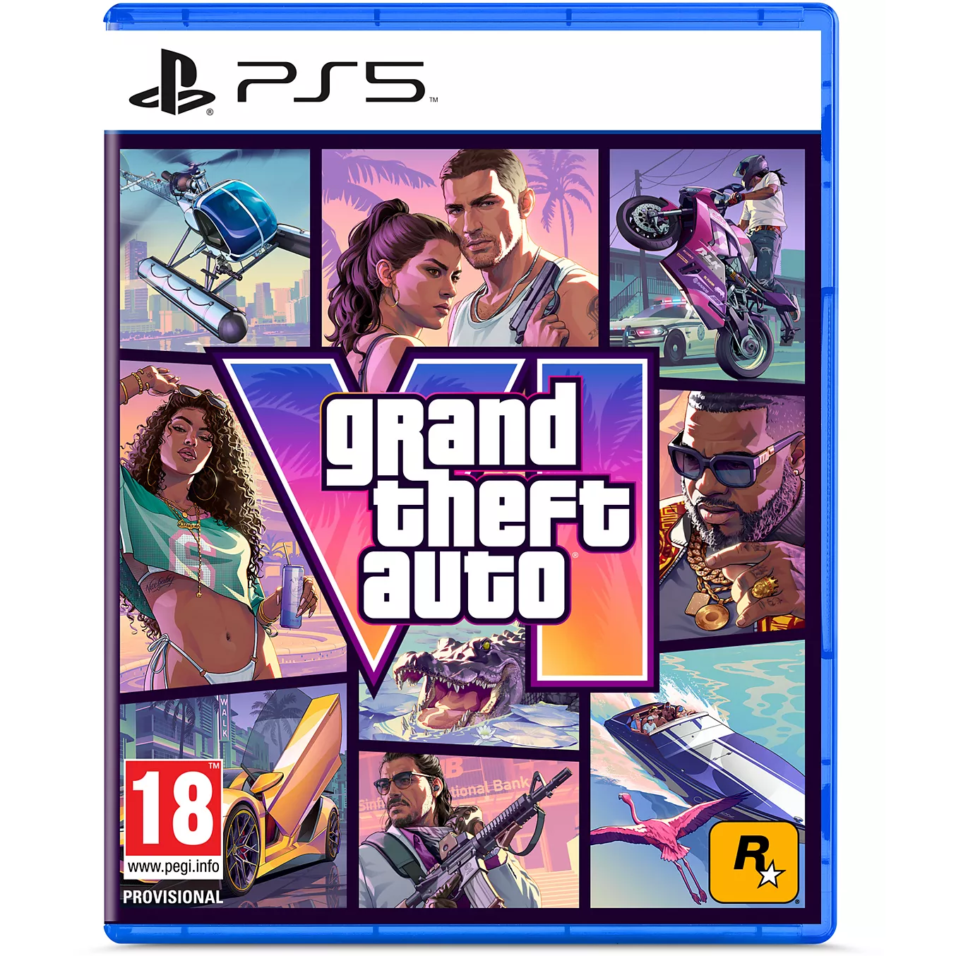 Boîtier PS5 de GTA VI avec Jason et Lucia, le logo Grand Theft Auto VI et la classification provisoire PEGI 18