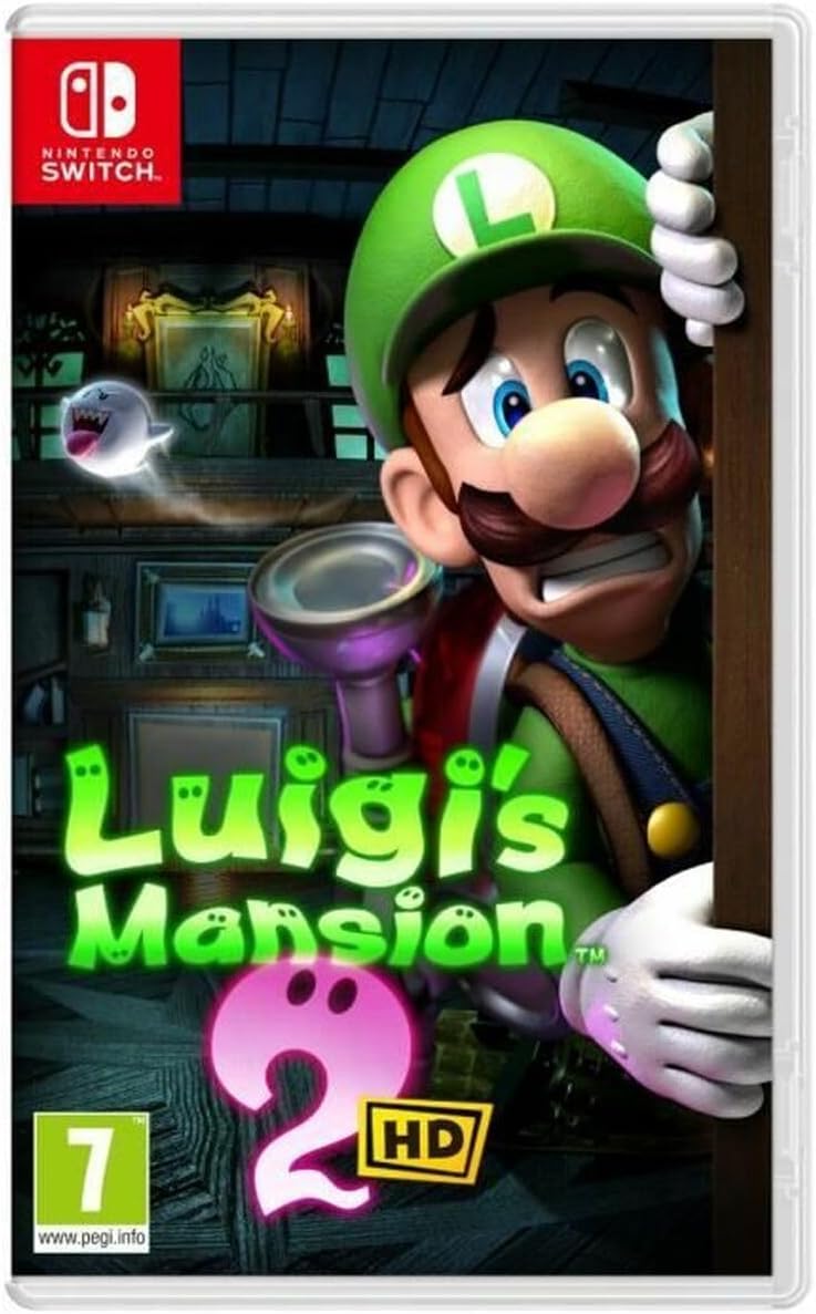 Jaquette de Luigi's Mansion 2 HD sur Nintendo Switch montrant Luigi effrayé dans un manoir hanté avec un fantôme Boo
