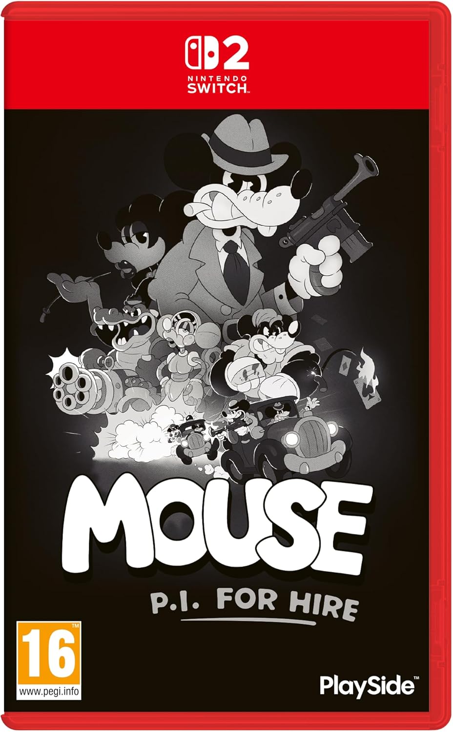 Jaquette Switch 2 de MOUSE P.I. For Hire avec des souris armées dessinées en noir et blanc