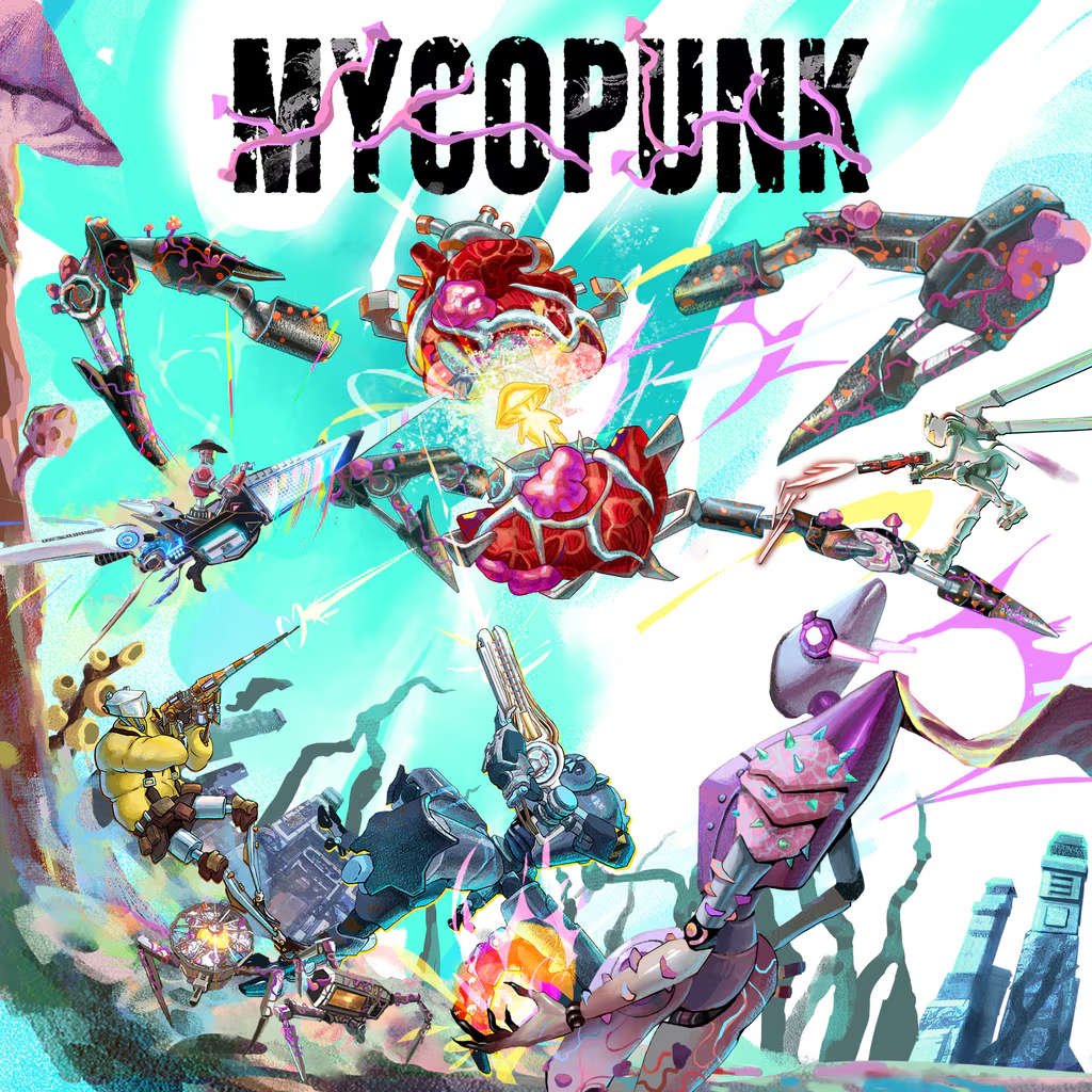 Illustration de Mycopunk avec des robots armés affrontant des créatures fongiques sous le logo du jeu
