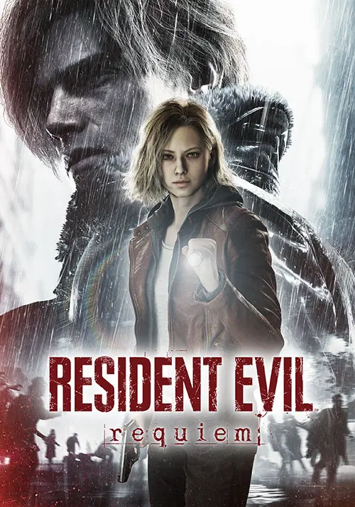 Visuel de Resident Evil Requiem avec Grace Ashcroft tenant une lampe torche et Leon S. Kennedy en arrière-plan