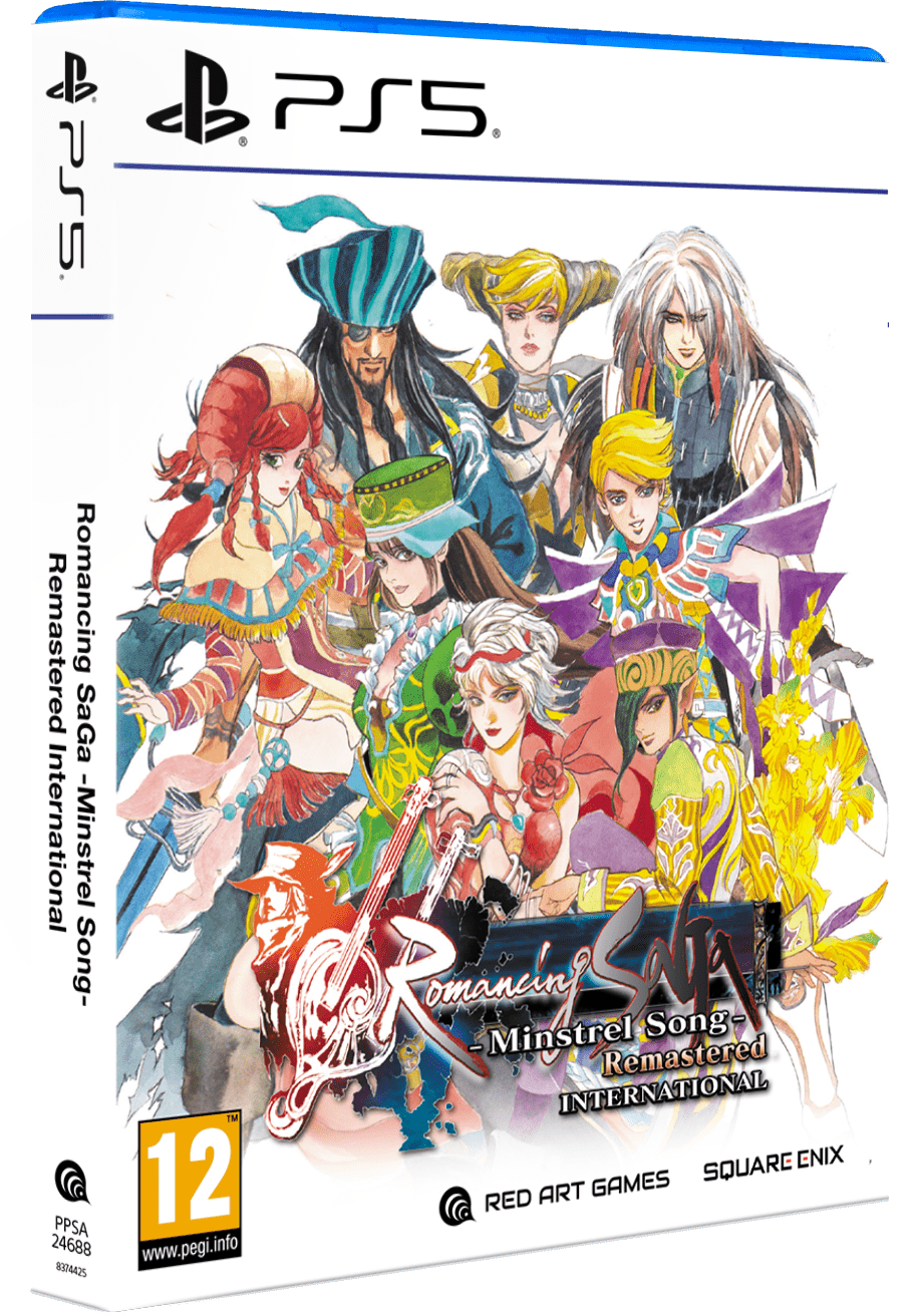 Logo de Romancing SaGa Minstrel Song Remastered International avec un personnage au chapeau et un instrument à cordes