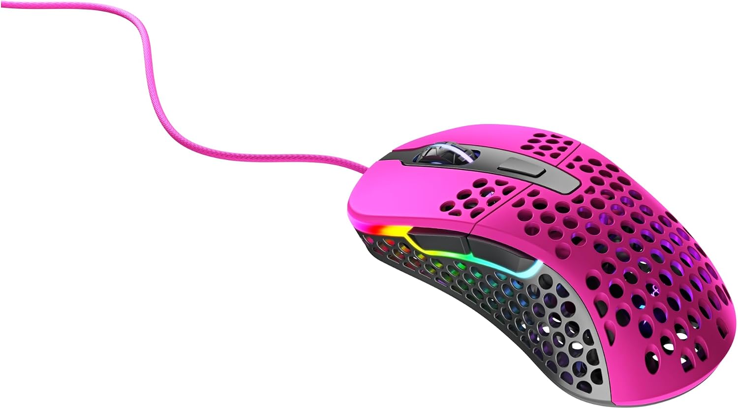 Souris filaire Xtrfy M4 RGB rose vue de dessus, avec coque perforée et molette éclairée