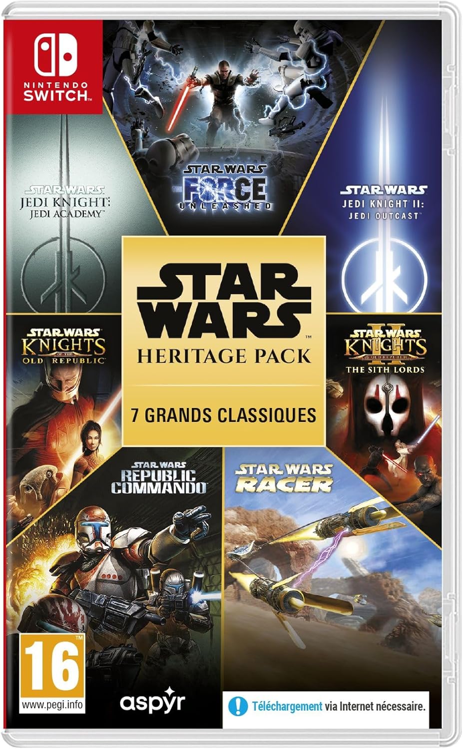 Jaquette Nintendo Switch de Star Wars Heritage Pack illustrant les sept jeux de la compilation