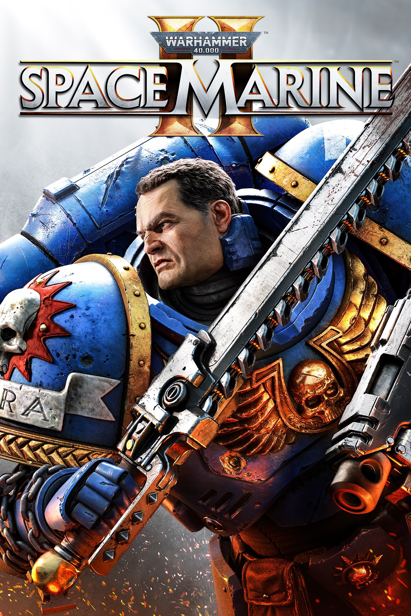 Space Marine en armure bleue tenant une épée tronçonneuse sur le visuel de Warhammer 40,000: Space Marine 2