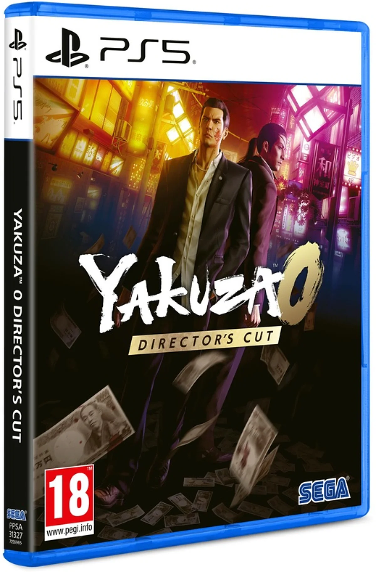 Boîtier PS5 de Yakuza 0 Director’s Cut avec Kiryu et Majima devant des rues éclairées au néon
