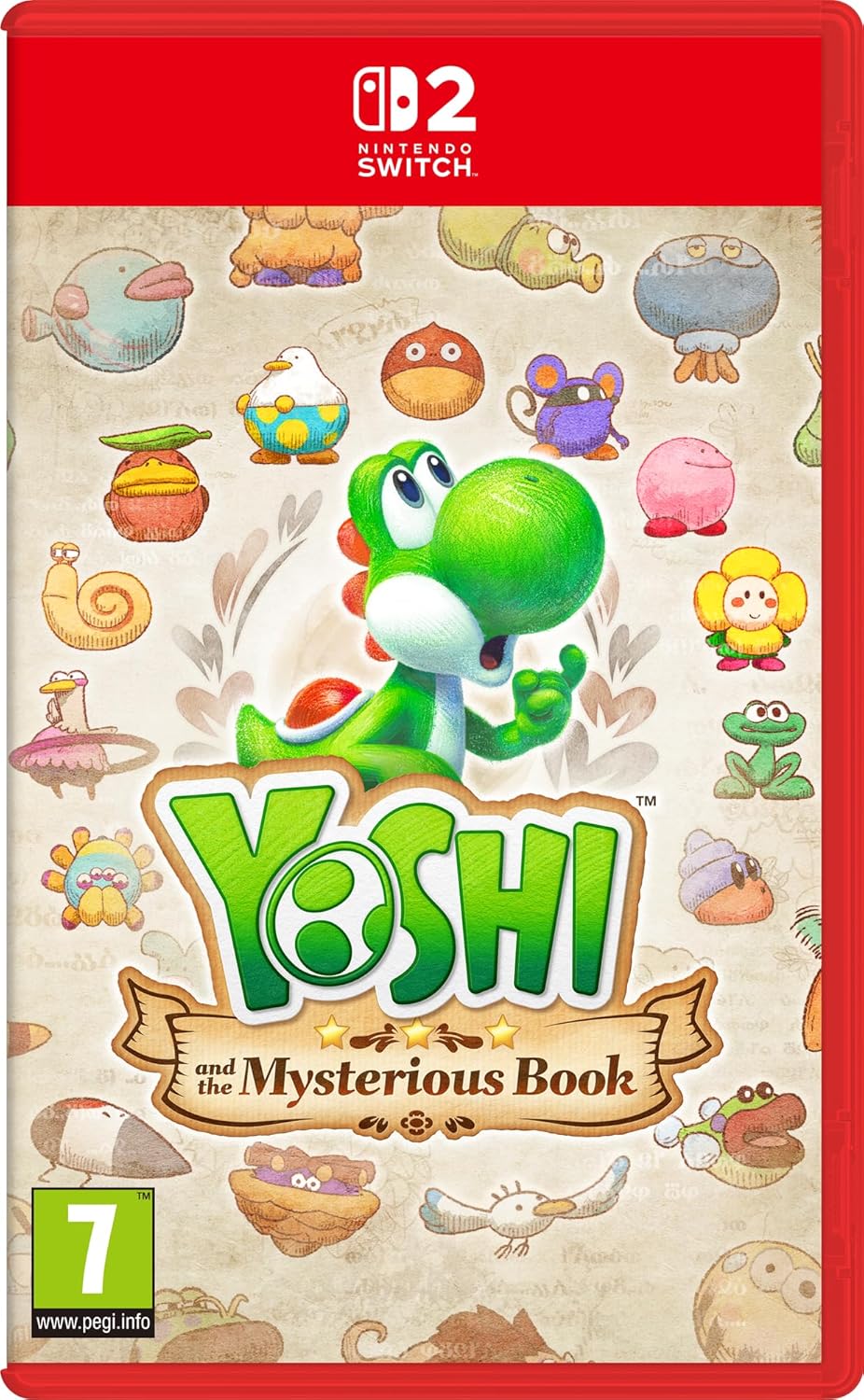 Jaquette de Yoshi and the Mysterious Book sur Nintendo Switch 2 avec Yoshi entouré de créatures colorées