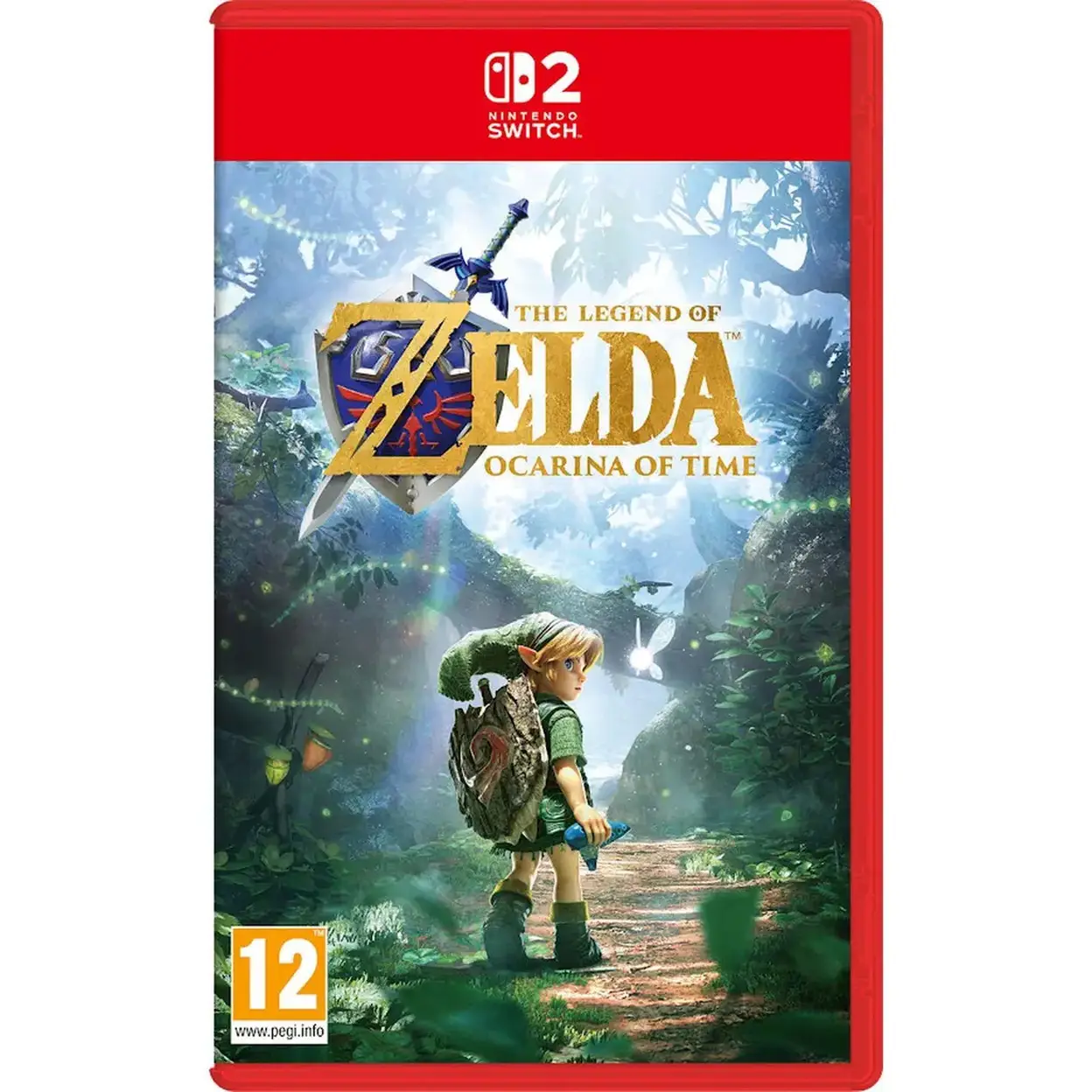 Boîtier Nintendo Switch 2 de Zelda Ocarina of Time avec Link et une fée lumineuse sur un sentier forestier